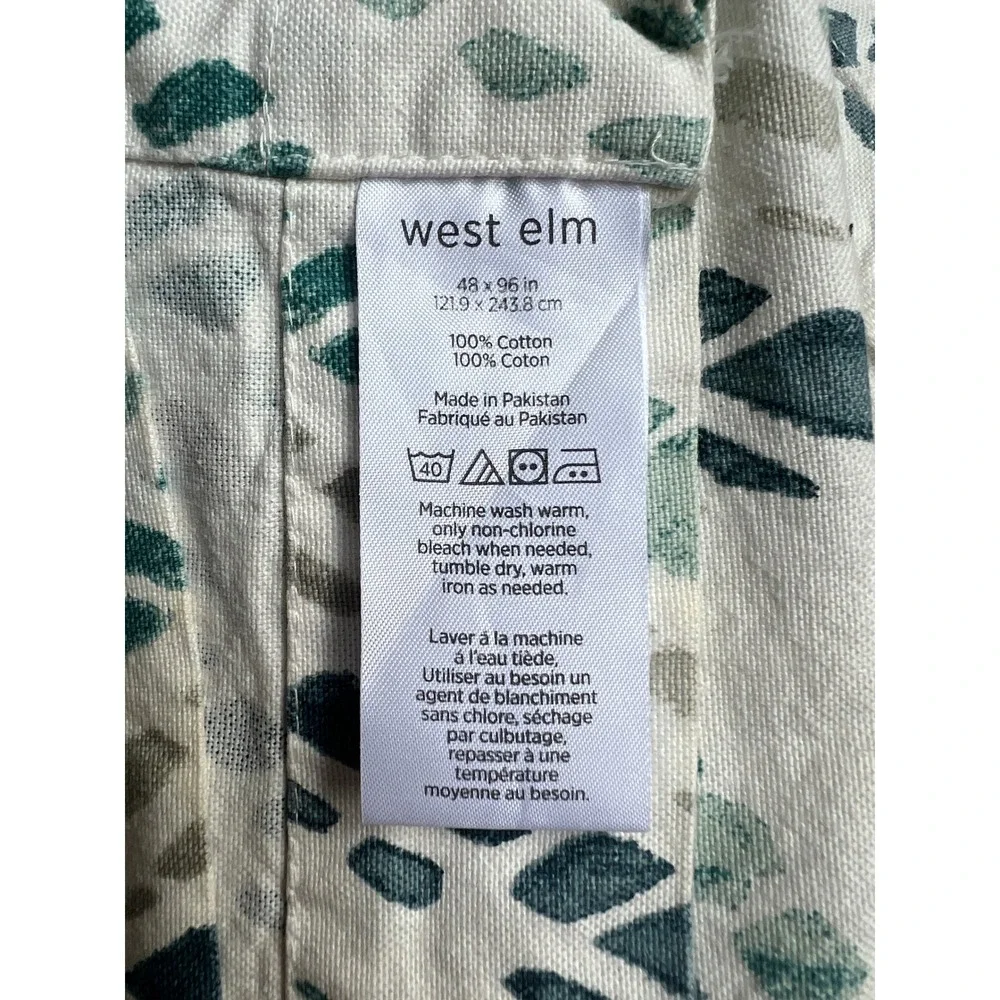 2 West Elm Curtains Cotton Canvas Mosaic Medallion 48x96 White Teal Blue Ikat